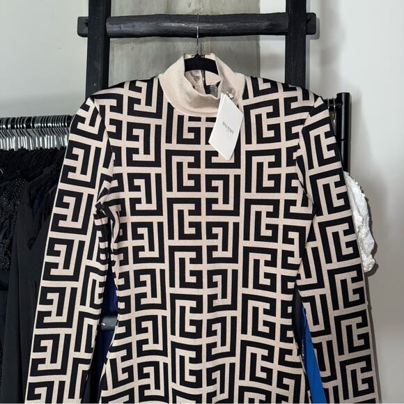 Balmain Ivory & Noir Monogram Shoulder Pad Knit Mini Dress - Picture 7 of 17